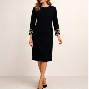 VTG 90s Liz Claiborne Black Long Sleeve Shift Dress Jeweled Braided Cuffs Sz 4P